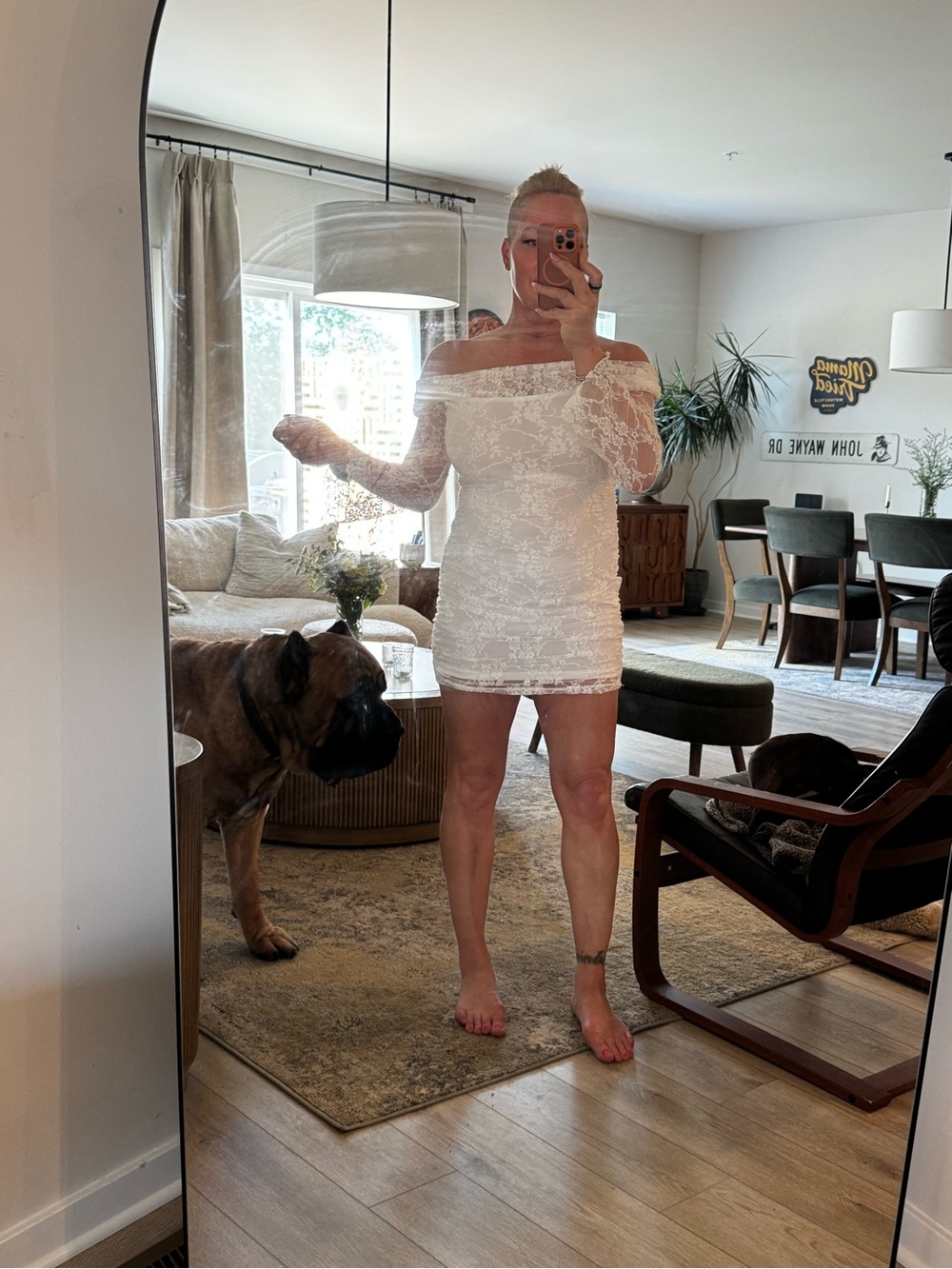 Off-Shoulder White Lace Mini Dress. Brand new. Never worn.